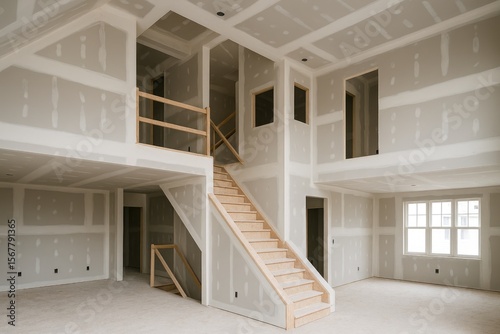 Multi-level home with drywall being installed during construction