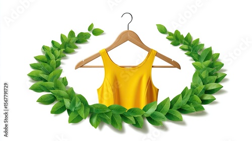 Yellow tank top on wooden hanger with green leaf wreath