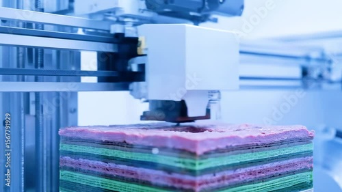 Advanced 3D printer creating a multi-layered dessert in a modern kitchen setting. Background shows tools
