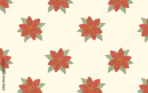 Seamless pattern with red poinsettia flowers and green leaves in hand-drawn vector style. Warm muted colors on light beige background. Perfect for holiday wrapping paper, fabric, cards, decor.