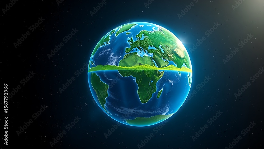 Obraz premium Abstract globe illustration with lush vegetation, floating in a starry cosmic background.