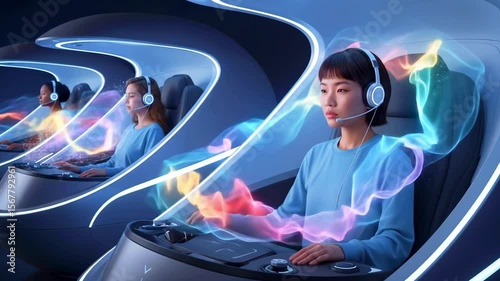 Young gamers immersed in futuristic gaming pods, experiencing vibrant visual effects in a digital realm