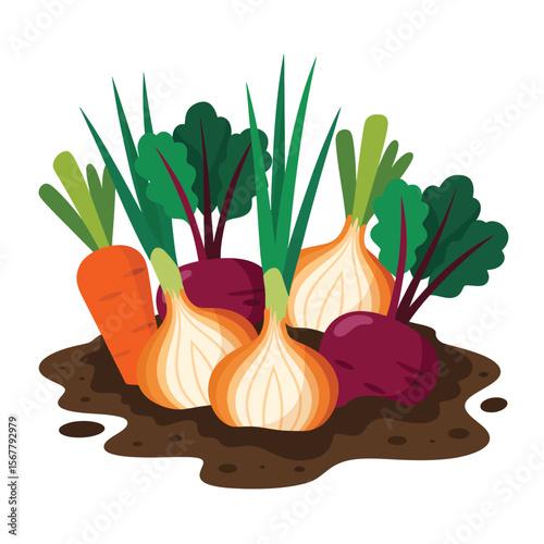 Colorful Illustration of Root Vegetables Growing in Soil
