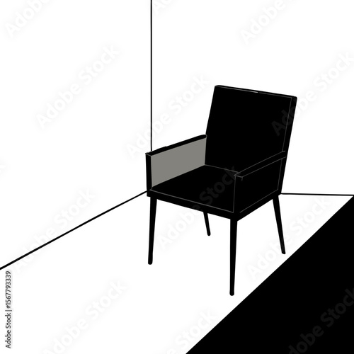 "One modern chair in an empty minimalist room with concrete walls, harsh shadows, aesthetic composition"

