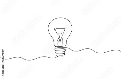 Continuous one line drawing of electric light bulb outline vector art illustration, Light bulb isolated on white light bulb one line outline vector, Continuous one line drawing bulb lamp vector.