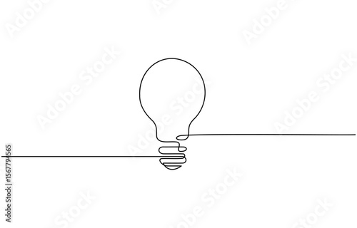 Continuous one line drawing of electric light bulb outline vector art illustration, Light bulb isolated on white light bulb one line outline vector, Continuous one line drawing bulb lamp vector.