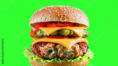 Delicious burger with sesame seed bun, juicy chicken patty, melted cheese, fresh lettuce, pickles, and ripe tomatoes, perfect for satisfying fast food meal that delights senses