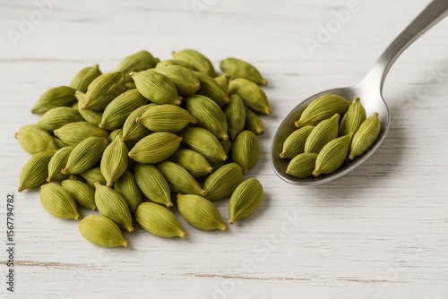 Green dried cardamom pods displayed on a white wooden surface