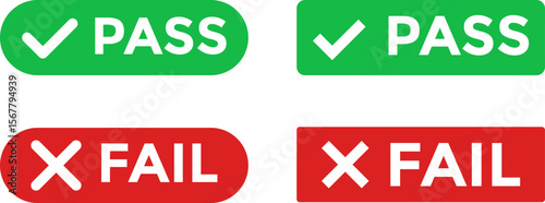 pass fail icon set. Includes tick symbols in green and cross symbols. Green check mark and red cross icons. positive and negative sticker design

