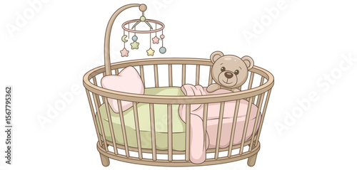 Cute Cartoon Baby Crib with Teddy Bear and Mobile