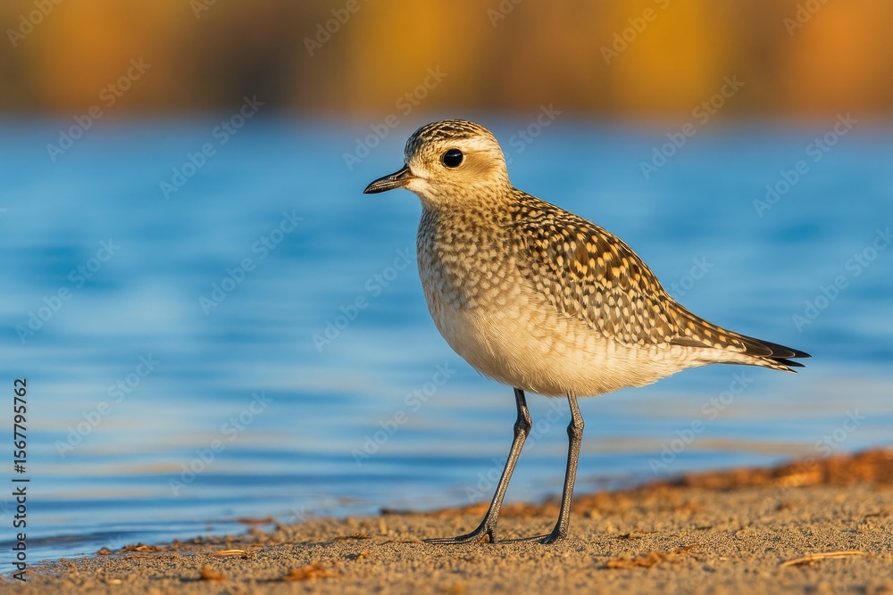 Obraz premium Juvenile American Golden Plover by the lakeside