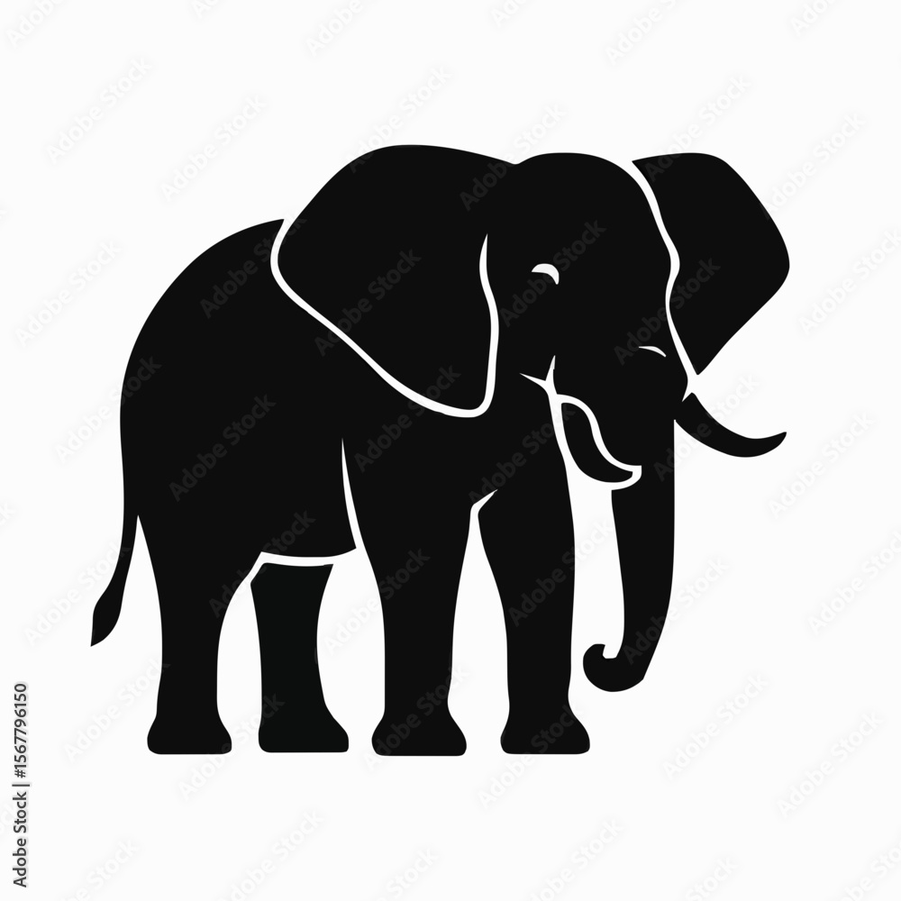 Obraz premium Elephant silhouette vector, majestic elephant art, safari animal graphic, minimal elephant design, large ear shape, trunk curve outline, wildlife logo, cultural icon, elegant figure.