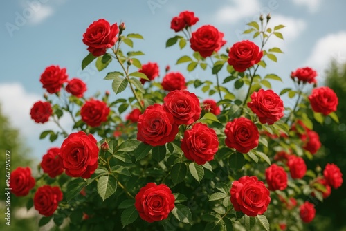 Summer garden scene featuring vibrant red rose bushes with curly foliage