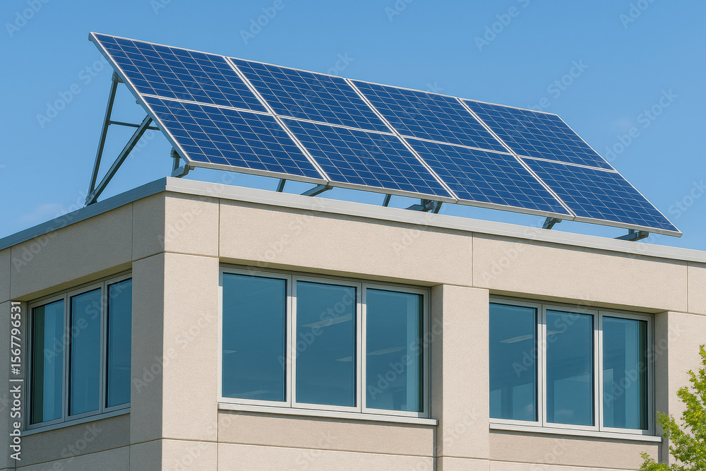 Fototapeta premium Solar panel business eco friendly sustainability renewable energy modern building clean technology rooftop installation