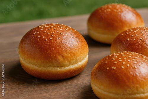 Close-up of hamburger brioche buns on a table