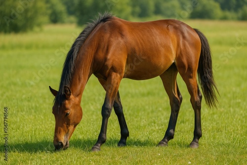 A chestnut horse feeding peacefully in a grassy field