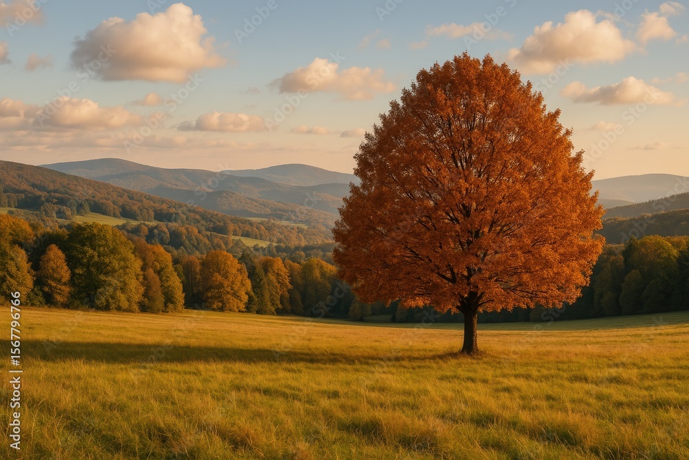 Fototapeta premium A vibrant autumn tree with brown leaves standing in a mountain meadow within a range of rolling hills