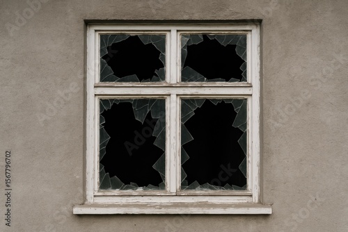 Damaged glass on deserted grey building facade with white-framed windows and shattered panes