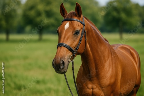 Portrait of a horse with a bridle showcasing a Budjonny breed