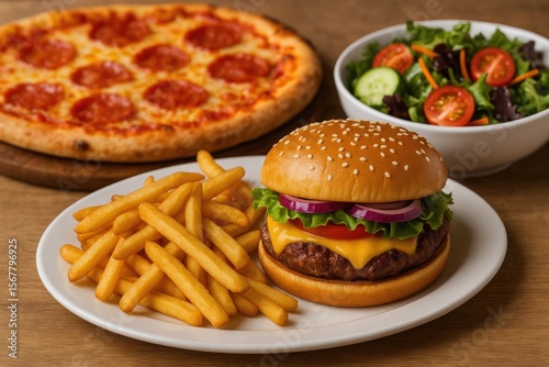 A meal featuring a burger and fries paired with a side salad, with pizza in the distance