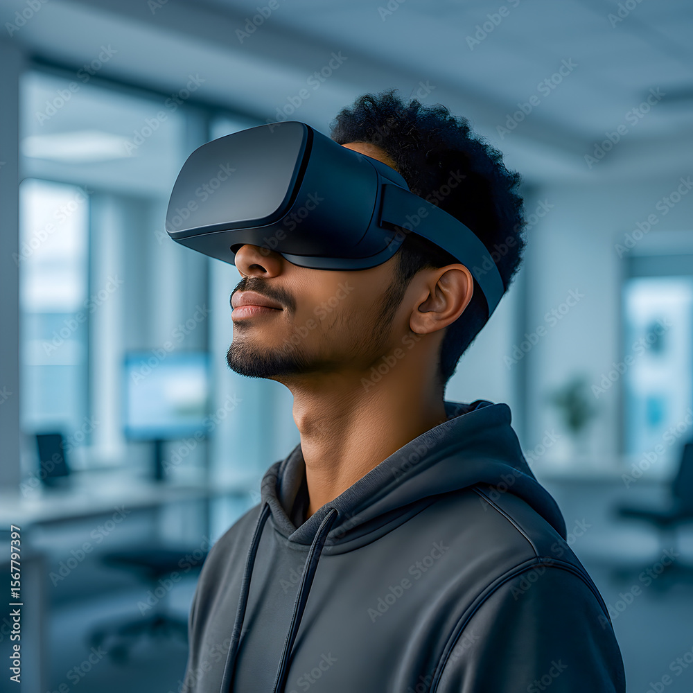 Obraz premium Man Using VR Headset in Modern Office Environment for Immersive Experience