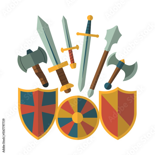 Medieval Weapons and Shields Flat Design