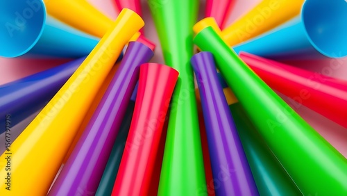 Colorful party horns arranged in a vibrant pattern, evoking festive celebration and joy.