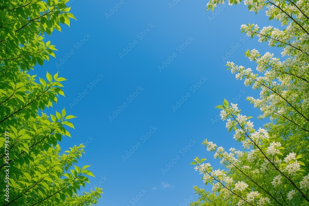 Fototapeta premium Clear blue sky above lush green foliage and blooming branches on a sunny day