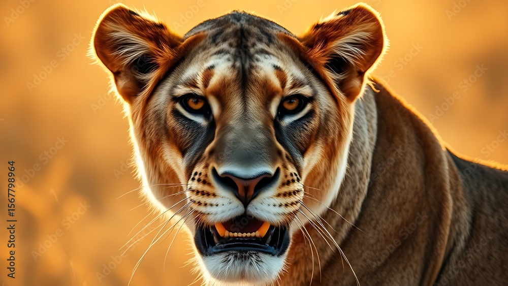 Fototapeta Close-up portrait of a majestic lioness with intense gaze and golden savanna backdrop.