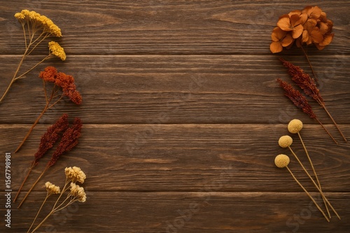 Overhead perspective of a workspace featuring dried flowers on a rustic wooden surface, ideal for adding your message.