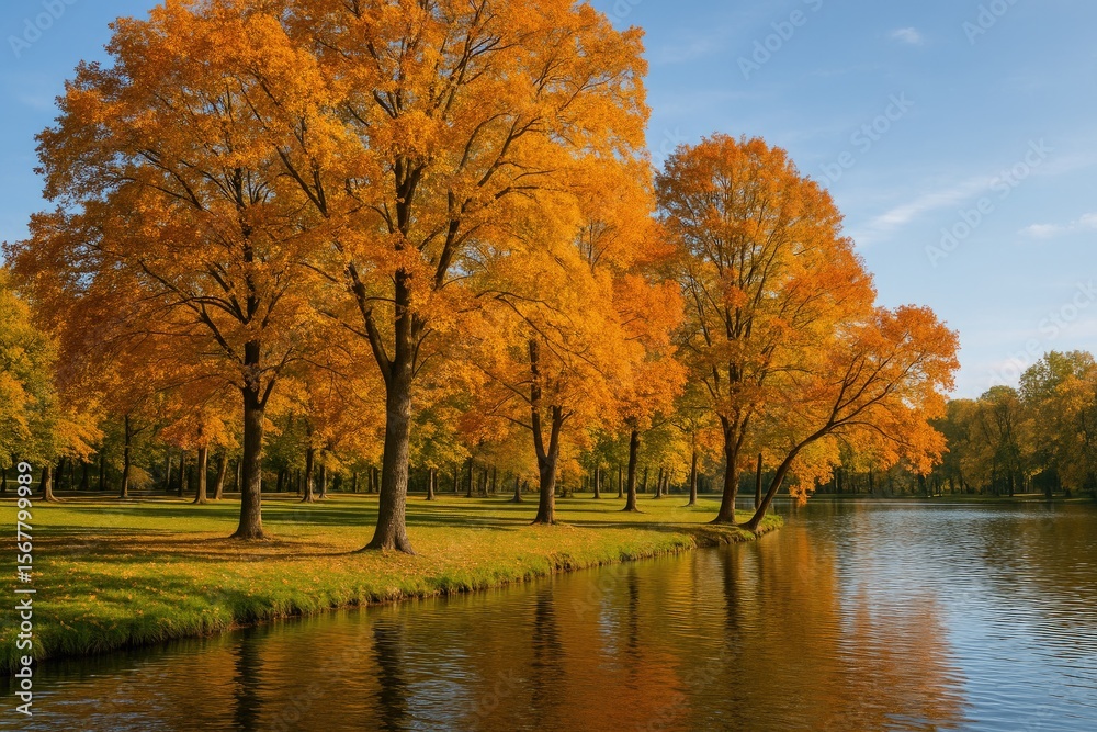 Fototapeta premium Lush greenery surrounding a serene lake in a park setting