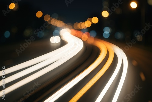 Nighttime cityscape with glowing headlight streaks and blurred urban lights