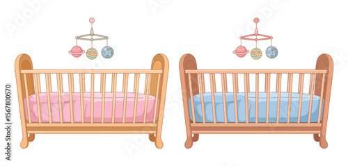 Two Baby Cribs with Cute Planet Mobile Decorations