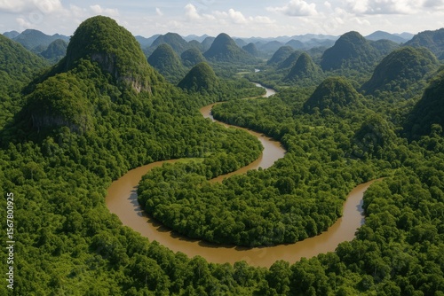 The limestone hills landscape features winding rivers, creating a natural haven in South Kalimantan
