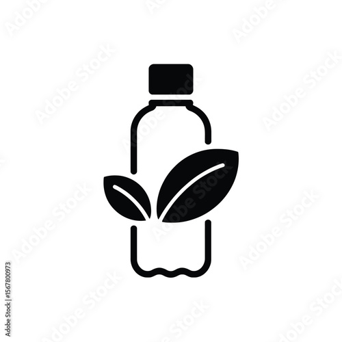 Black Silhouette Icon of a Plastic Water Bottle with Two Leaves Representing Eco Friendly or Sustainable Packaging Design for Environmental Conservation and Responsible Consumption