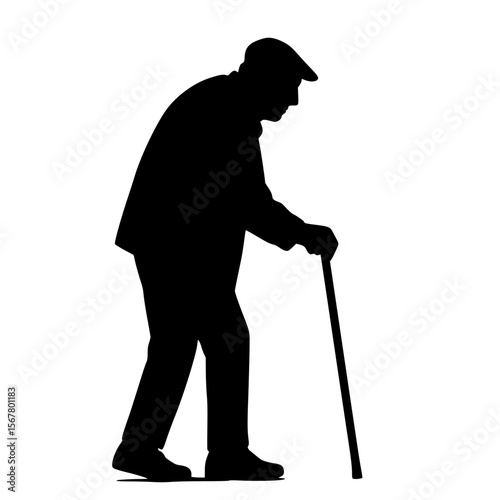 Silhouette of an Elderly Man with a Cane on a White Background
