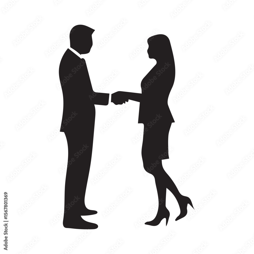 Vector Silhouette of Businessman and Businesswoman Shaking Hands | Professional Corporate Meeting Illustration for Business Concepts & Presentations. Vector Silhouette of Businessman and Businesswoman Shaking Hands | Professional Corporate Meeting Illustration for Business Concepts & Presentations.