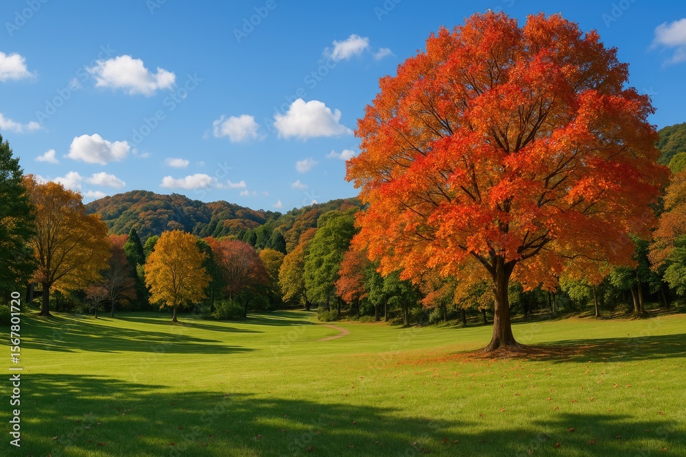 Naklejka premium Autumn scenery of a serene park in a Japanese region