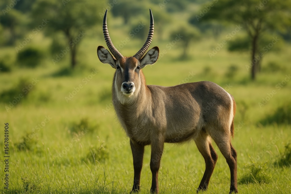 Naklejka premium The waterbuck is a sizable antelope native to sub-Saharan Africa, belonging to the Kobus genus within Bovidae.