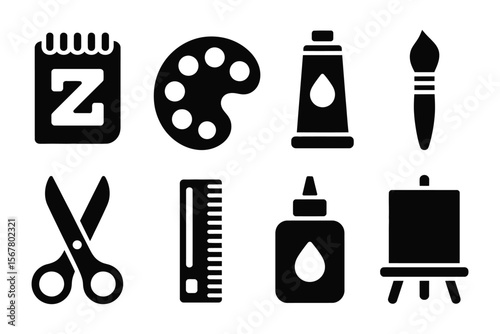 Art tools solid icon set flat style design with paintbrush palette and glue

