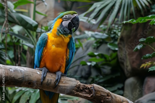 Vibrant blue and yellow macaw perches on a branch amidst lush tropical foliage, showcasing its colorful plumage