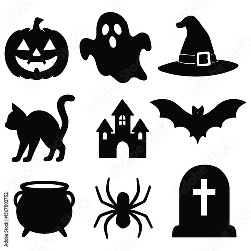 Halloween icons black silhouettes pumpkin ghost