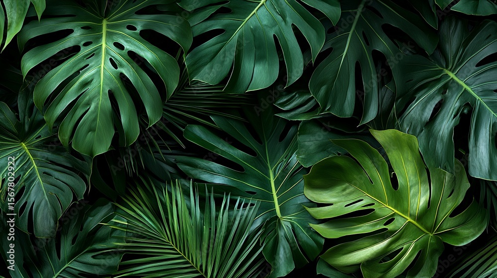 Fototapeta premium Lush tropical foliage; monstera and palm leaves create a vibrant green pattern