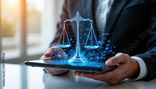 a futuristic digital concept image of a holographic justice scale floating above a sleek black table