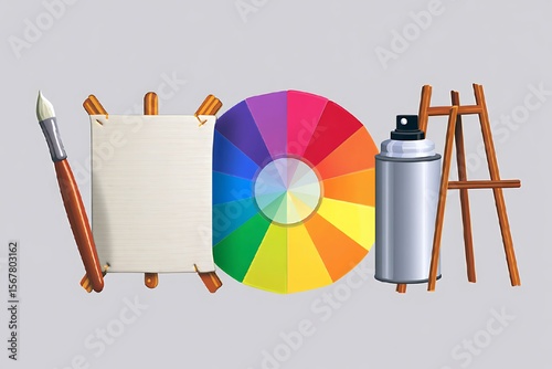 Art supplies painting canvas color wheel spray paint and easel for creative projects and design ideas