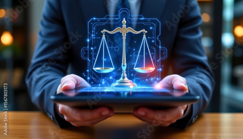 a futuristic digital concept image of a holographic justice scale floating above a sleek black table