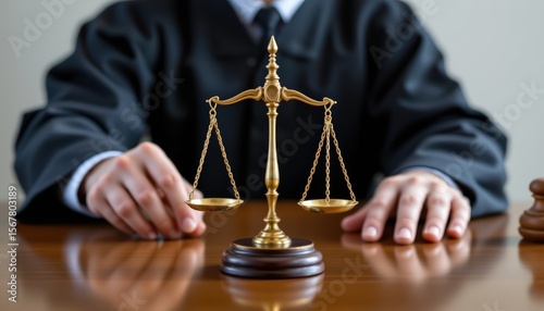 a judge's hand carefully placing a justice scale at the center of a polished desk