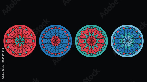 “Stained Glass Ornament Collection – Circular Gothic Rose Window, Radial Floral Motifs, Colorful Mandala, Mosaic Decorative Frames, Vector Illustration Set for Medieval Style Design”