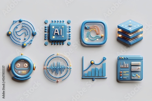 Ai data analysis machine learning digital technology automation and robotic process automation icons set
