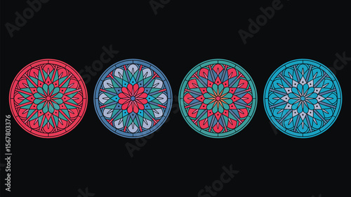 “Stained Glass Vector Collection – Circle Shape, Medieval Rose Window, Gothic Ornament, Radial Floral Motives, Colorful Mandala, Mosaic Patterns, Round Frame Decorative Design Elements”